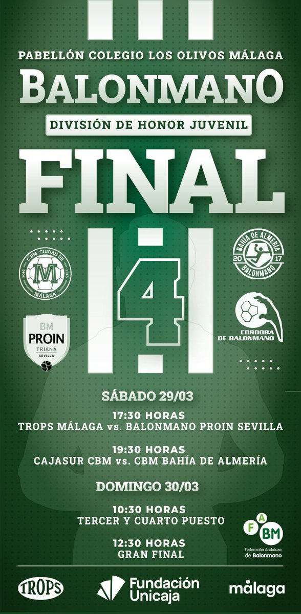 🤾🏻‍♂️ El pabellón del <a href="/colegioolivos/">Colegio Los Olivos</a> acoge este fin de semana la FINAL 4 <a href="/FAndaluzaBM/">Federación Andaluza de Balonmano</a>  juvenil de División de Honor. 
El espectáculo está asegurado.

SÁBADO
17:30 H.
⚔️ <a href="/fTROPS/">TROPS</a> <a href="/BMCiudadDMalaga/">TROPS MÁLAGA BM.</a> 🆚 <a href="/bm_prointegrada/">Cajasol Sevilla BM Proin</a> Sevilla.

19:30 H.
⚔️ <a href="/CordobadeBM/">Club Córdoba de Balonmano CBM</a> 🆚 <a href="/bmbahiadalmeria/">CBM BAHÍA DE ALMERÍA</a>.

<a href="/FundUnicaja/">Fundación Unicaja</a>
