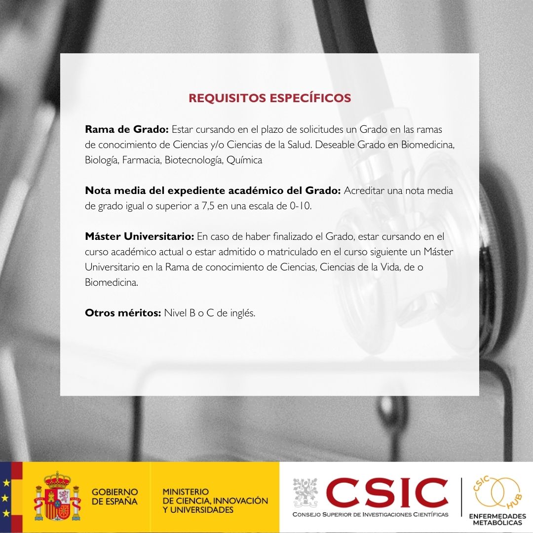 Cometa Hub CSIC (@cometahubcsic) on Twitter photo 🔎¿Quieres formarte en Enfermedades Metabólicas?
Ofrecemos 5 becas JAE Intro CSIC para estudiantes de posgrado y recién titulados.
💰600€ mensuales
🕒20 h semanales
📝Fecha límite de solicitud 16 de abril 2025
✉conexion-cometa@csic.es
ℹshorturl.at/OksUU 🔎¿Quieres formarte en Enfermedades Metabólicas?
Ofrecemos 5 becas JAE Intro CSIC para estudiantes de posgrado y recién titulados.
💰600€ mensuales
🕒20 h semanales
📝Fecha límite de solicitud 16 de abril 2025
✉conexion-cometa@csic.es
ℹshorturl.at/OksUU