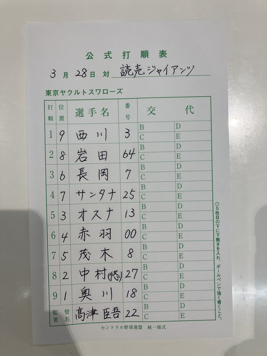 swallowspr's tweet photo. 3月28日(金)開幕戦
vs.読売ジャイアンツ
スワローズ本日のスタメン
#swallows
#捲土重来 https://t.co/JxLTF6zmyt