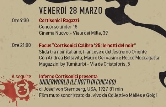 🔵⚪Giorno 1
Cortisonici ragazzi + Focus Cortisonici Calibro '25 > le notti del noir (1)
🎟️INGRESSO GRATUITO FINO AD ESAURIMENTO POSTI