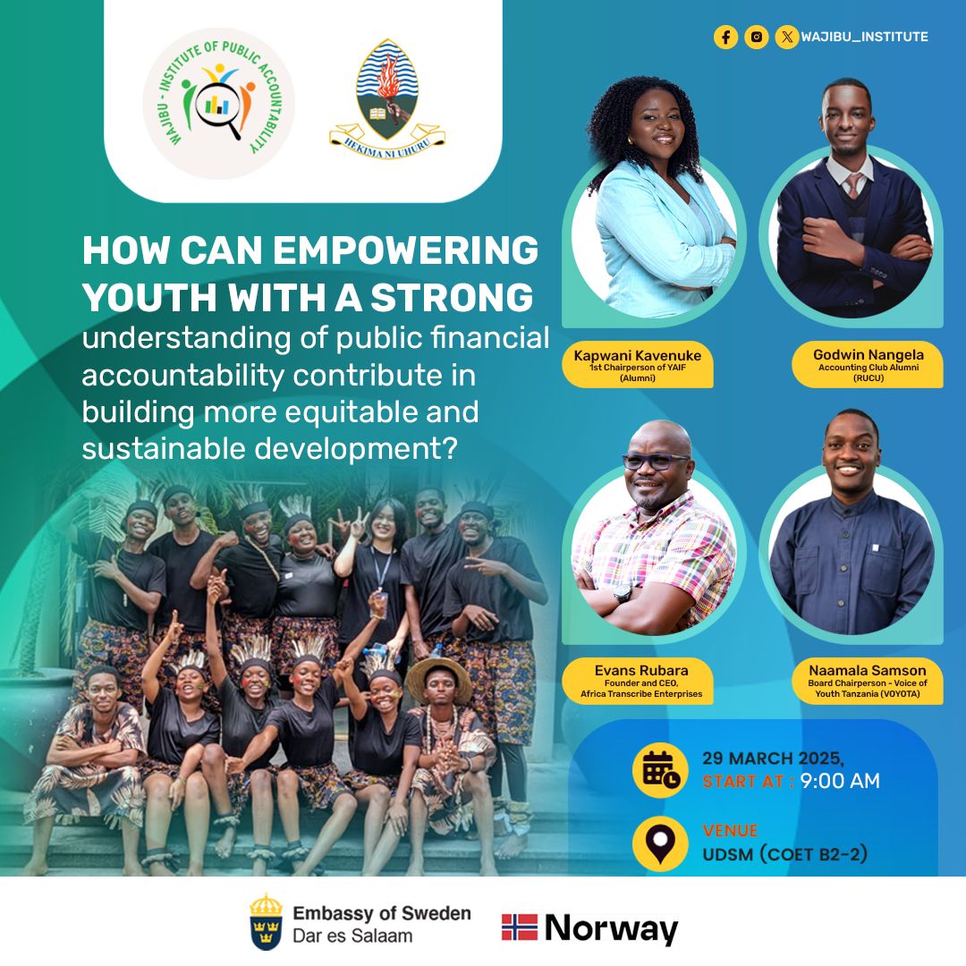 Join us at the University of Dar es Salaam on March 29, 2025, for an engaging discussion on youth empowerment and public financial accountability.

Together, let's promote #YouthInclusion #Accountability #Transparency and #SustainableDevelopment!

<a href="/InstituteWajibu/">Wajibu_Institute</a> <a href="/HakiRasilimali/">HakiRasilimali</a>