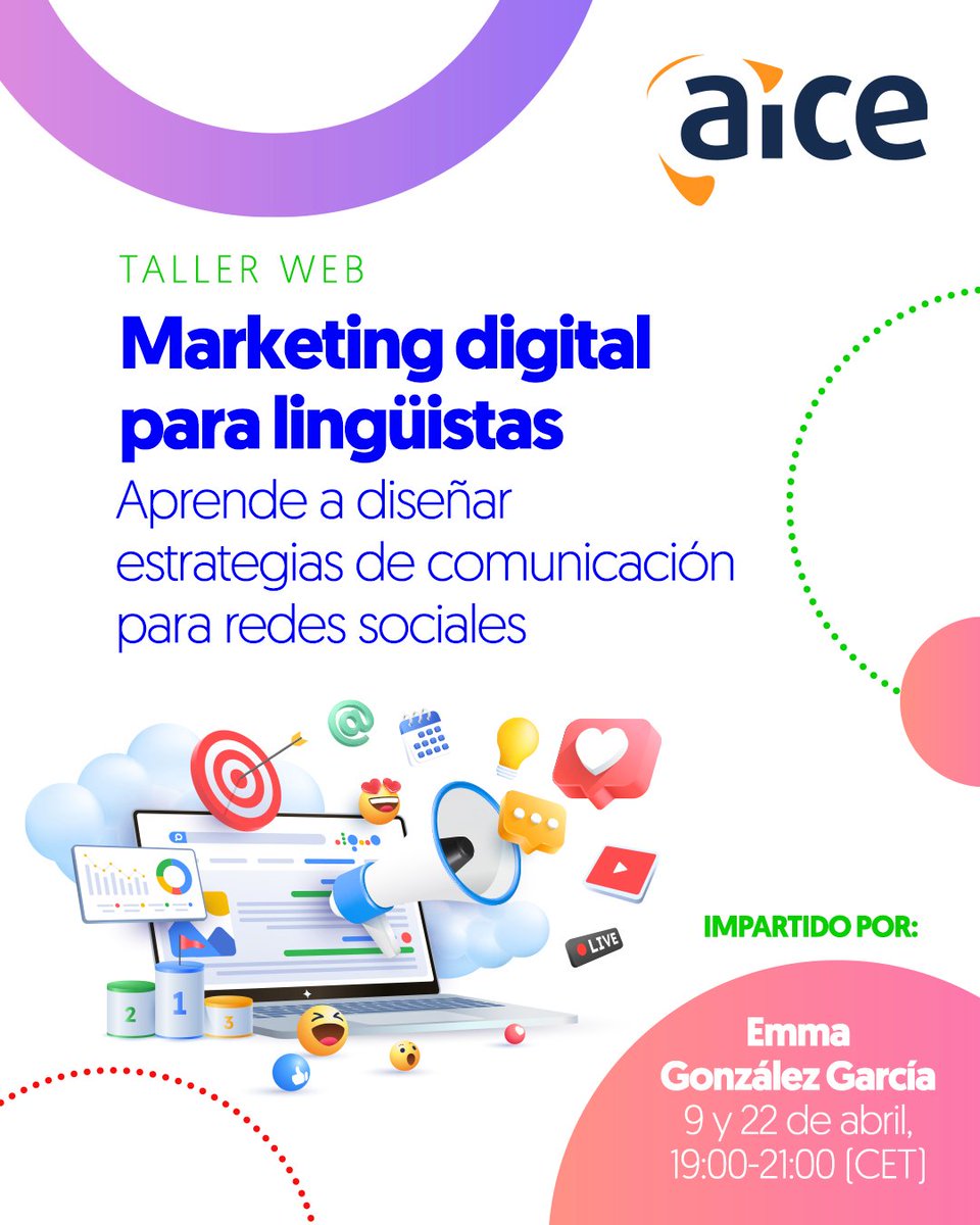 📚¿Eres lingüista y quieres mejorar tu comunicación en redes sociales? Apúntate a nuestro taller en línea los días 9 y 22 de abril.

🎥Con grabación disponible 12 semanas.

Plazas limitadas. ¡Reserva la tuya! 🔗goo.su/JGIUN

#Formación #RedesSociales #TallerWeb