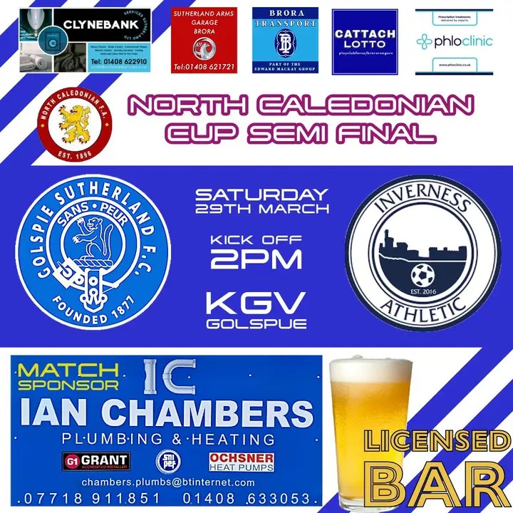 Golspie Sutherland (@golspiesuthfc) on Twitter photo There will be two new features at the North Caledonian Cup semi final tomorrow - pre match sound system and half time cross bar challenge for under 16s.
<a href="/NorthCaleyFA/">North Caledonian FA</a> There will be two new features at the North Caledonian Cup semi final tomorrow - pre match sound system and half time cross bar challenge for under 16s.
<a href="/NorthCaleyFA/">North Caledonian FA</a>