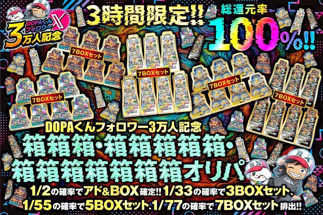 🌈🎊DOPAくんフォロワー3万人記念祭🎊🌈

📦3時間限定!!🚨
📦総還元率100%!!
📦1/2の確率でアド&amp;BOX確定!!

🎊箱箱箱・箱箱箱箱箱・箱箱箱箱箱箱箱オリパ🎊
販売開始(bit.ly/4g5hRA5)

フォロー&amp;RPで1名様に1,000ptプレゼント🎁
〆切 20時

※当選カードや確率は販売開始時のものです。