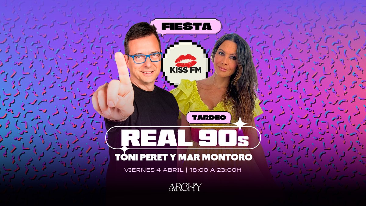KISS FM (@kissfm_es) on Twitter photo KISS FM REAL 90´s en Madrid. Viernes, 4 de ABRIL desde las 18:00, en la sala Archy.
¡<a href="/toniperet/">Toni Peret</a> y <a href="/Mar_Montoro/">𝕄𝕒𝕣 𝕄𝕠𝕟𝕥𝕠𝕣𝕠</a> estarán en cabina con lo mejor de los 90! ¡Compra ya tu entrada! fourvenues.com/es/kiss-fm1/ev… KISS FM REAL 90´s en Madrid. Viernes, 4 de ABRIL desde las 18:00, en la sala Archy.
¡<a href="/toniperet/">Toni Peret</a> y <a href="/Mar_Montoro/">𝕄𝕒𝕣 𝕄𝕠𝕟𝕥𝕠𝕣𝕠</a> estarán en cabina con lo mejor de los 90! ¡Compra ya tu entrada! fourvenues.com/es/kiss-fm1/ev…