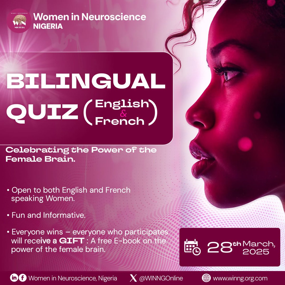 Women In Neuroscience, Nigeria (@winngonline) on Twitter photo Celebrating Women, Celebrating the Female Brain! 🧠💜
Bilingual Quiz (English & French) to empower & inspire women worldwide!
📚 Free e-bk: Power of the Female Brain for all.
🔗 English forms.gle/xQ29g6Ga25arYe…
French. forms.gle/3a71DBJTe5TekE…
<a href="/SfNtweets/">Society for Neuroscience (SfN)</a>
<a href="/neuroXcareer/">Dana Career Network in Neuroscience & Society</a>
<a href="/WINRePo1/">Repository for Women In Neuroscience</a> Celebrating Women, Celebrating the Female Brain! 🧠💜
Bilingual Quiz (English & French) to empower & inspire women worldwide!
📚 Free e-bk: Power of the Female Brain for all.
🔗 English forms.gle/xQ29g6Ga25arYe…
French. forms.gle/3a71DBJTe5TekE…
<a href="/SfNtweets/">Society for Neuroscience (SfN)</a>
<a href="/neuroXcareer/">Dana Career Network in Neuroscience & Society</a>
<a href="/WINRePo1/">Repository for Women In Neuroscience</a>