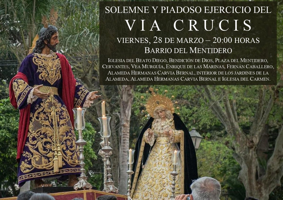 VÍA CRUCIS PRENDIMIENTO 

🗓️ 28 de marzo de 2025 
🕰️ 20:00h 

Recorrido: Iglesia Beato Diego, Bendición De Dios, Plaza del Mentidero, Cervantes, Vea Murguia, Enrique de las Marinas, Fernan Caballero, Alameda Hermanas Carvia Bernal, Interior de la Alameda e Iglesia del Carmen.