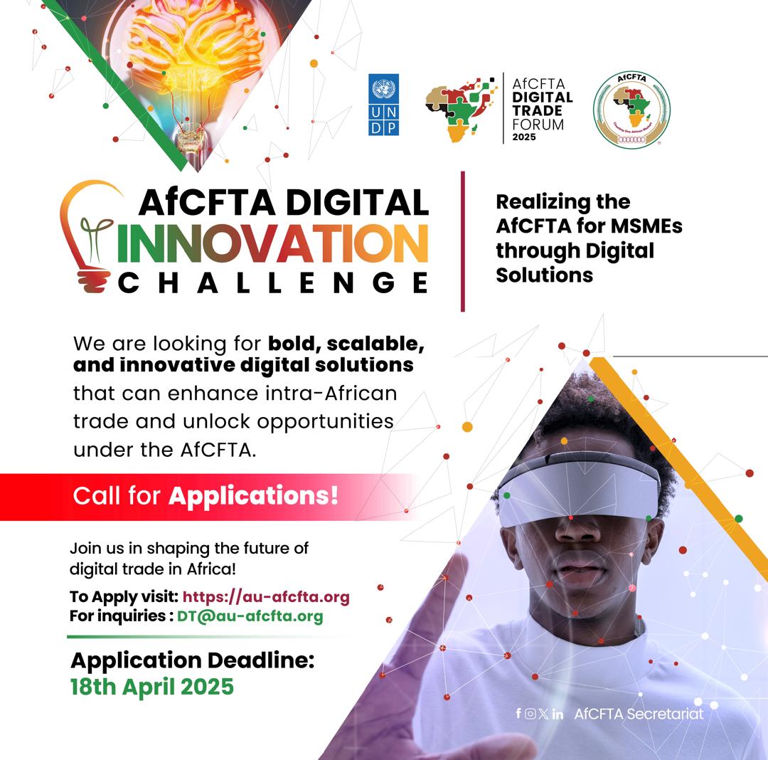 🛑 CALL FOR APPLICATIONS

Are you providing innovative &amp; digital solutions in support of intra-African trade?

Participate in this #AfCFTA Digital Innovation Challenge to make the #OneAfricanMarket more inclusive &amp; to bridge the digital gap.