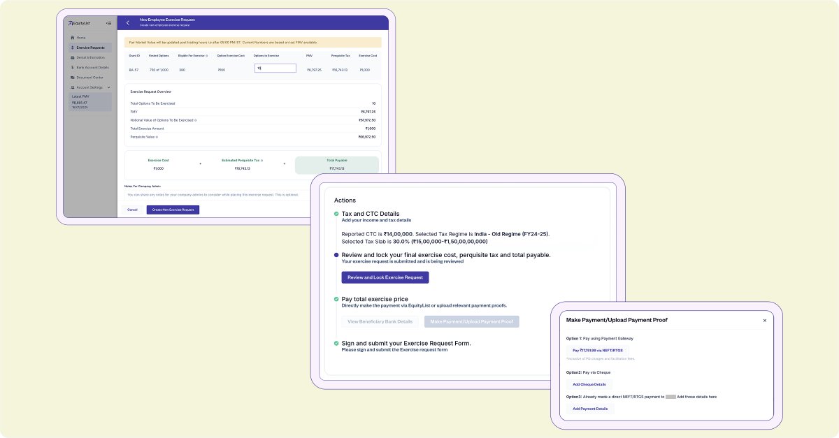 1/Pay exercise costs and perquisite taxes seamlessly via EquityList.

Stock option exercises have long been a hassle—employees juggle platforms, and finance teams handle tax calculations, payment proofs, and reconciliation.

What if it was all automated? With EquityList, it is.