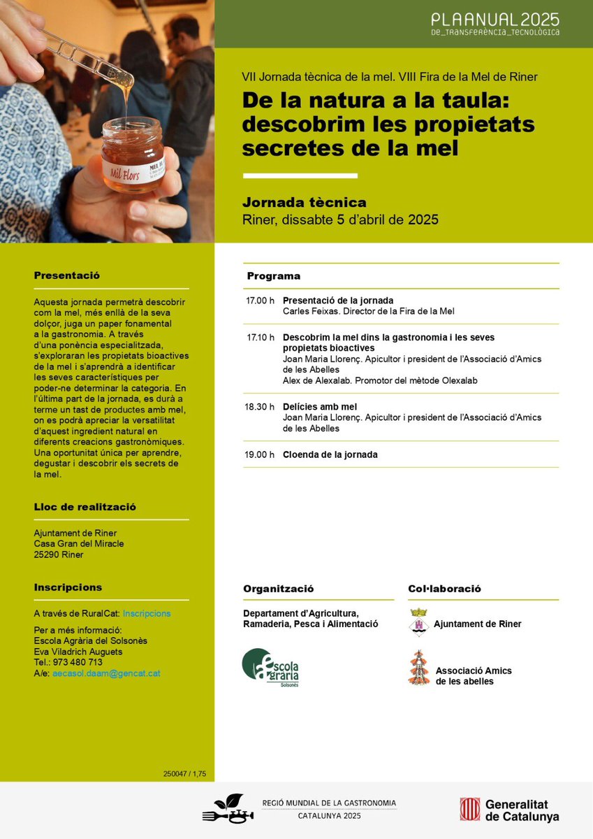 🍯 Quin paper juga la mel en la nostra gastronomia? El dissabte 05/04 n’explorarem les propietats bioactives i n’aprendrem a identificar les característiques. Acabarem amb un tast!

📆 05/04
🕰️ 17-19 h
📍 #Riner (#Solsonès)
📝 Inscripcions a <a href="/ruralcat/">Ruralcat</a> 

#PATT2025 <a href="/amicsabelles/">Amics de les abelles</a>