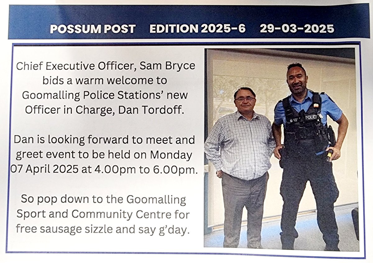 Goomalling Police are looking forward to meeting the community at a free sausage sizzle being hosted by the Shire at the Goomalling Sport &amp; Community Centre on Monday 7th April 2025 at 4pm. #goomacops #wheatbelt #facebook