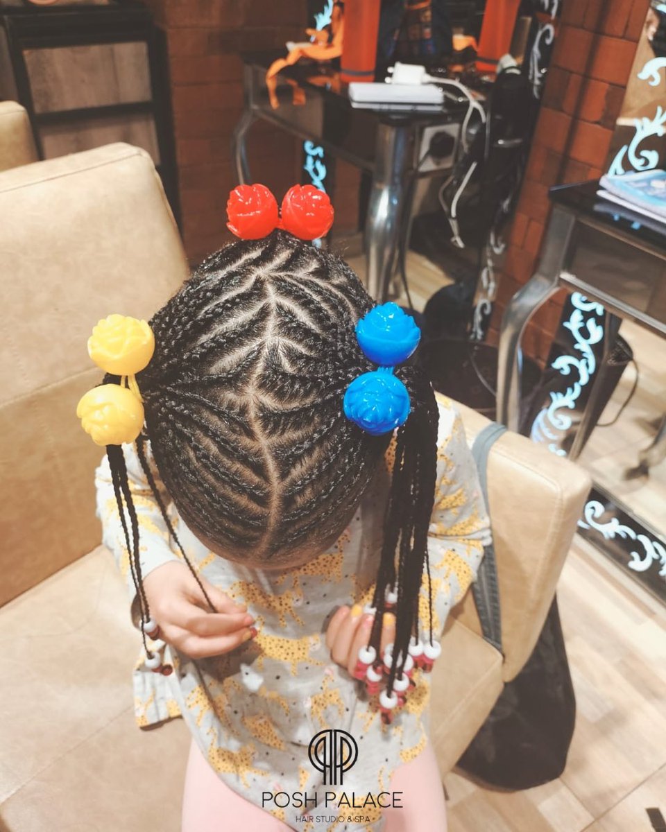 Adorable braided pigtails with playful pom-pom bows, created by our amazing stylists at Posh Palace. Book an appointment or walk in.

☎️Call us at +254 797 403131 
📍Visit us at Sifa Towers, Lenana Road, Kilimani. 
#kidsbraiding #poshpalace #yourthroneawaits