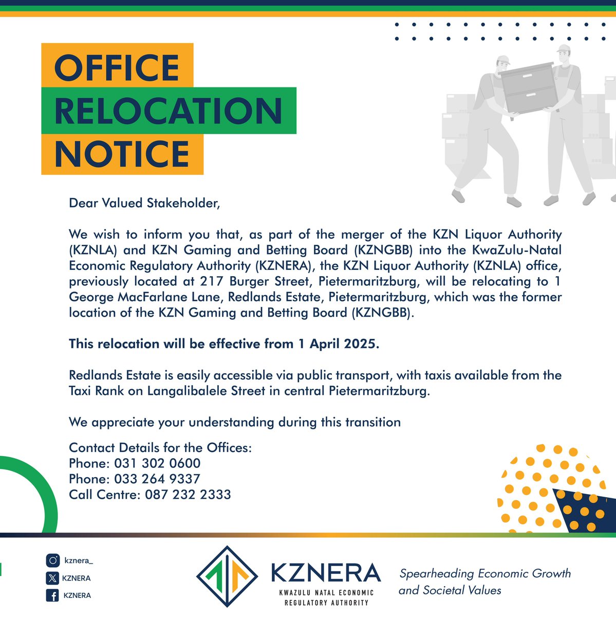 As part of KZNERA’s smooth transition, the former KZNLA office at 217 Burger Street, Pietermaritzburg, will relocate to 1 George MacFarlane Lane, Redlands Estate, Pietermaritzburg—previously home to KZNGBB—effective 1 April 2025.