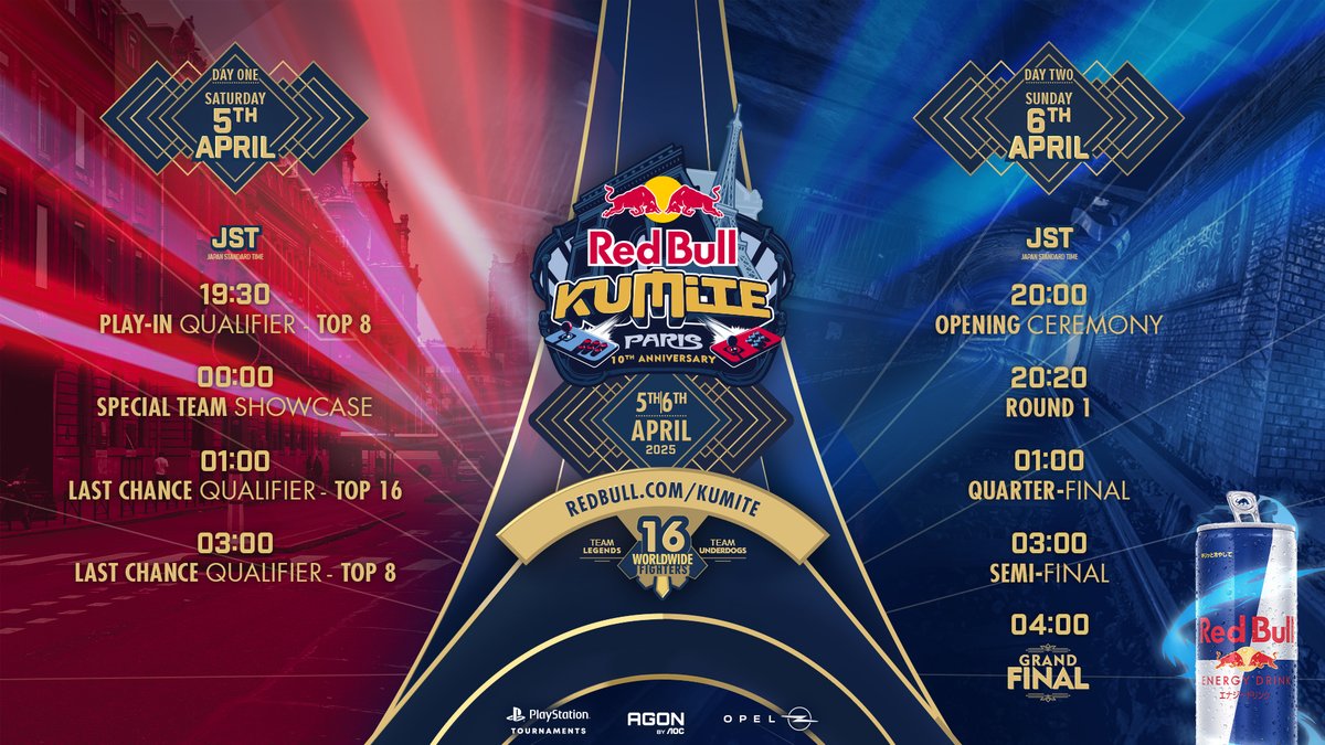 サマータイムを失念しておりましたので訂正させていただきます。
Red Bull Kumite Parisの正しいタイムスケジュールはこちらです！

【配信概要】
📅 4/5(土) 19:30～ 

▼配信先 
twitch.tv/redbulljp
youtube.com/live/5XaU5b-Gr… 

#RedBullKumite2025