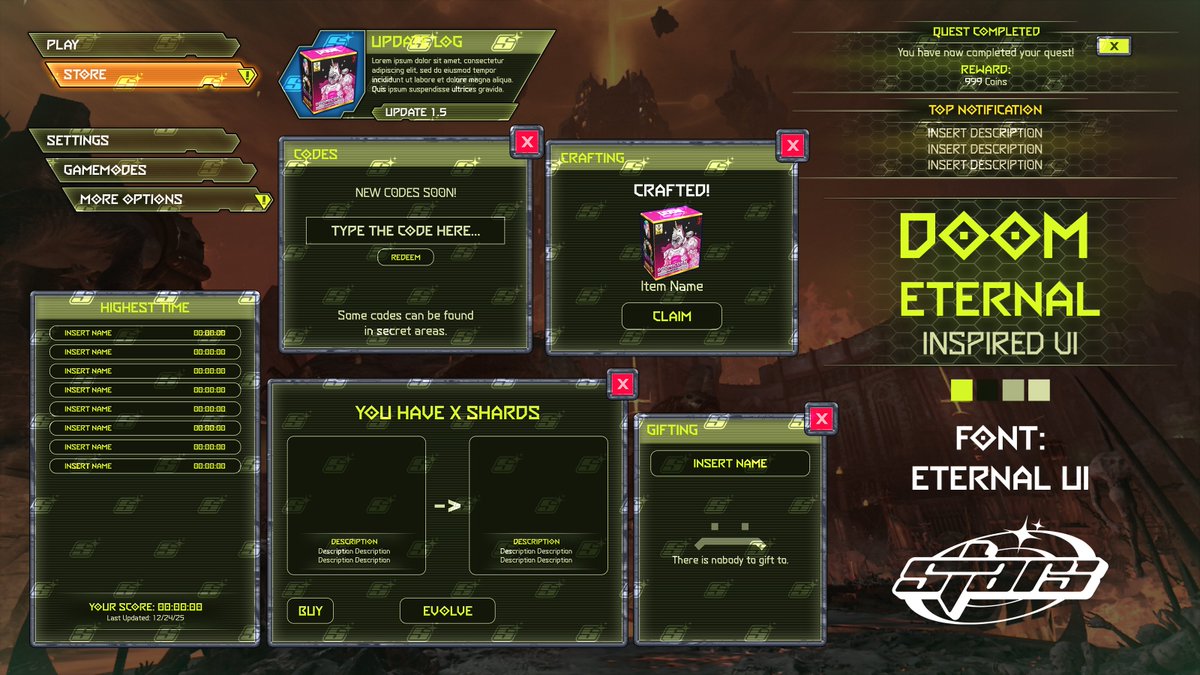 I've been doing a lot more RobloxUI commissions recently, it's a lot of fun!

I'll be posting a lot more of my UI designs soon, what do you guys think of this one inspired from DOOM Eternal? 

#Roblox #RobloxDev