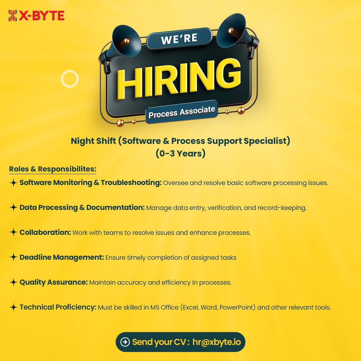 hr_xbyteio's tweet image. Join X-BYTE as a Process Associate!

We’re hiring a Process Associate – Night Shift (0-3 Yrs Exp.) for Software &amp;amp; Process Support!

📩 Apply now: hr@xbyte.io

#Hiring #Recruitment #ProcessAssociate #itjob #NightShiftJobs #SoftwareSupport #JobVacancy #JoinOurTeam #XByte