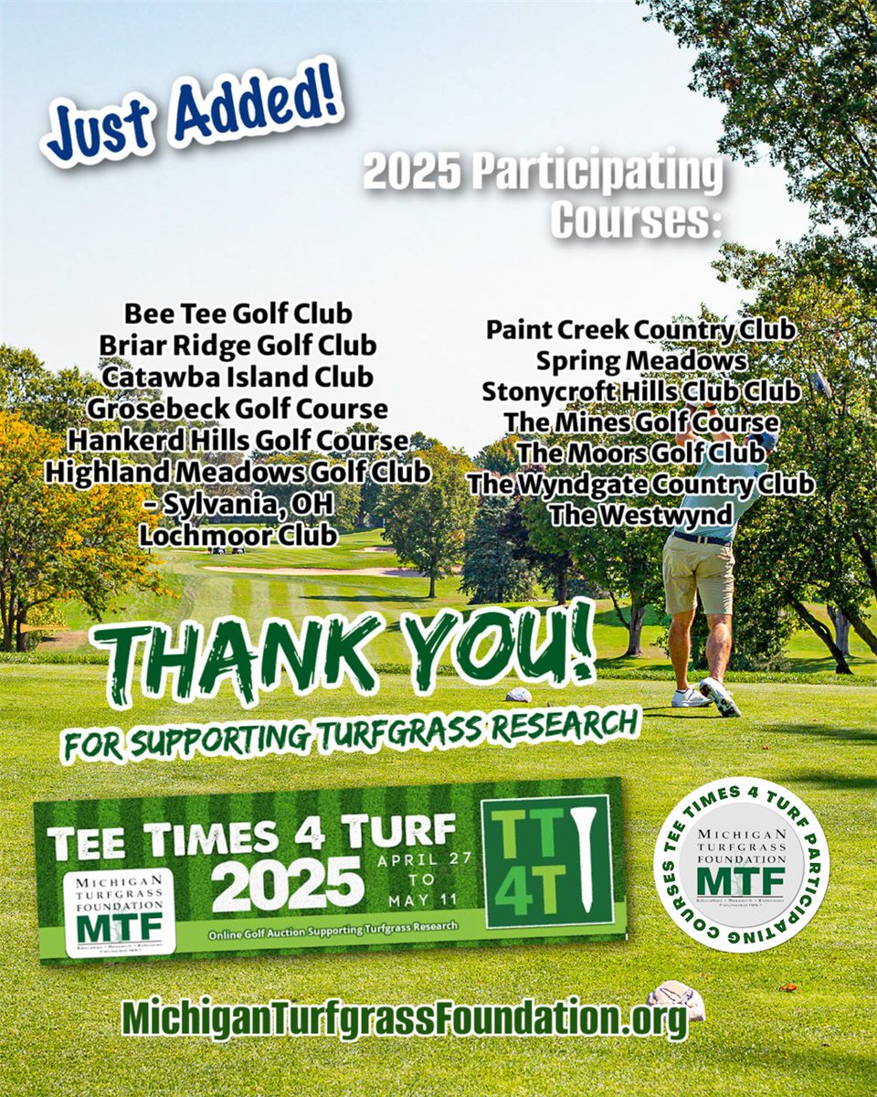 The MTF would like to the new courses who have just signed on!  For a complete list of courses already registered, visit the TT4Turf page on our website.  …anturfgrassfoundation.wildapricot.org/Tee-Times-4-Tu…

Register your course HERE: forms.gle/iSz5cHS76LiqwY…