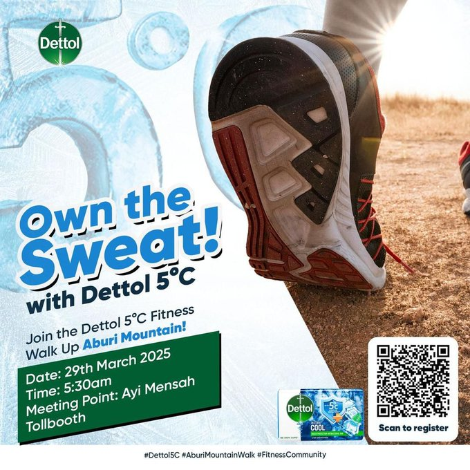 Son_God13's tweet photo. Get ready to #OwnTheSweat! Join us for the Dettol 5°C Fitness Walk at Aburi Mountain. It’s time to challenge yourself and embrace the cool vibes! 🏃♂️🌄" https://t.co/Jjv0DM1cfF