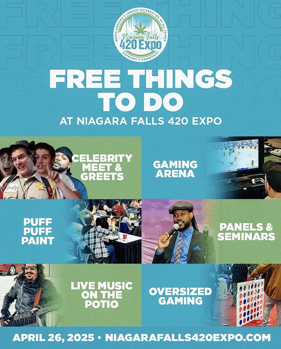 FREE things to do at Niagara Falls 420 Expo!🤯

👉 Meet your favourite celebs
👉 Play in the Gaming Arena
👉 Get creative at Puff Puff Paint
👉 Join panels &amp; seminars
👉 Enjoy live music on the POTio
👉 Try oversized games &amp; more!

Tickets available at:
niagarafalls420expo.com!