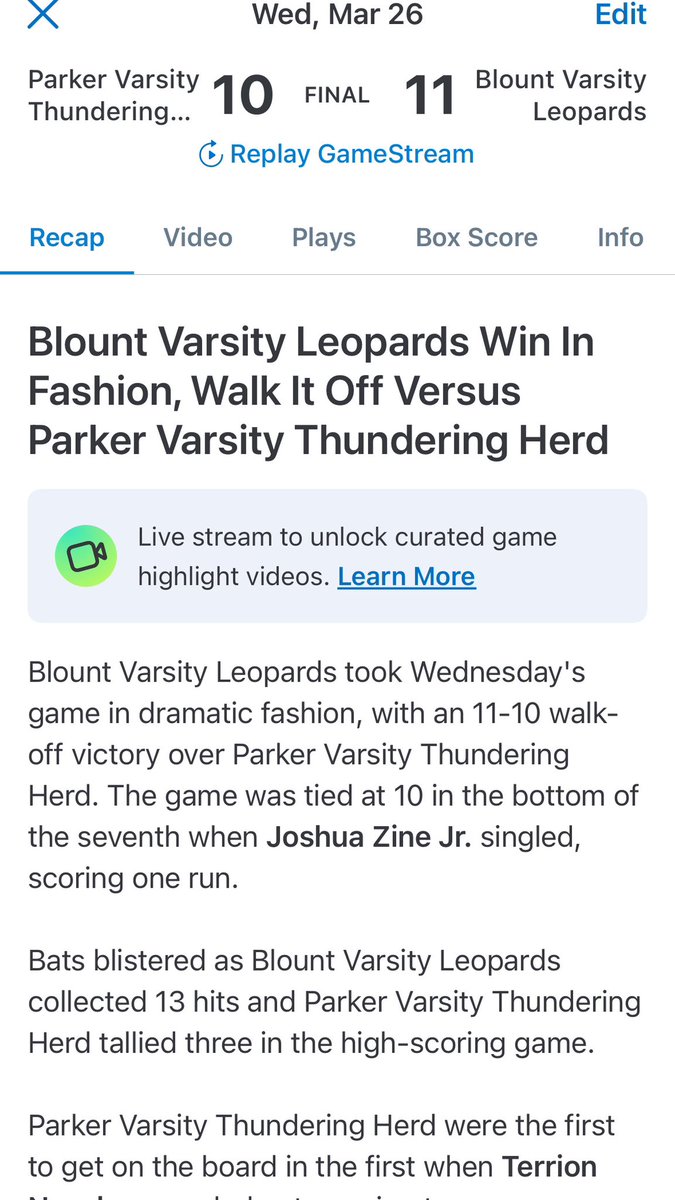 It’s not always about how you start but how you finish. The leopards fought back to defeat the Parker Thundering Herd. J. Zine hit a walk off RBI single to bring in B. Arso who led the team with 3 hits, 3 RBI, and 3 stolen bases. J. Cox also had 2 hits and 3 RBI.