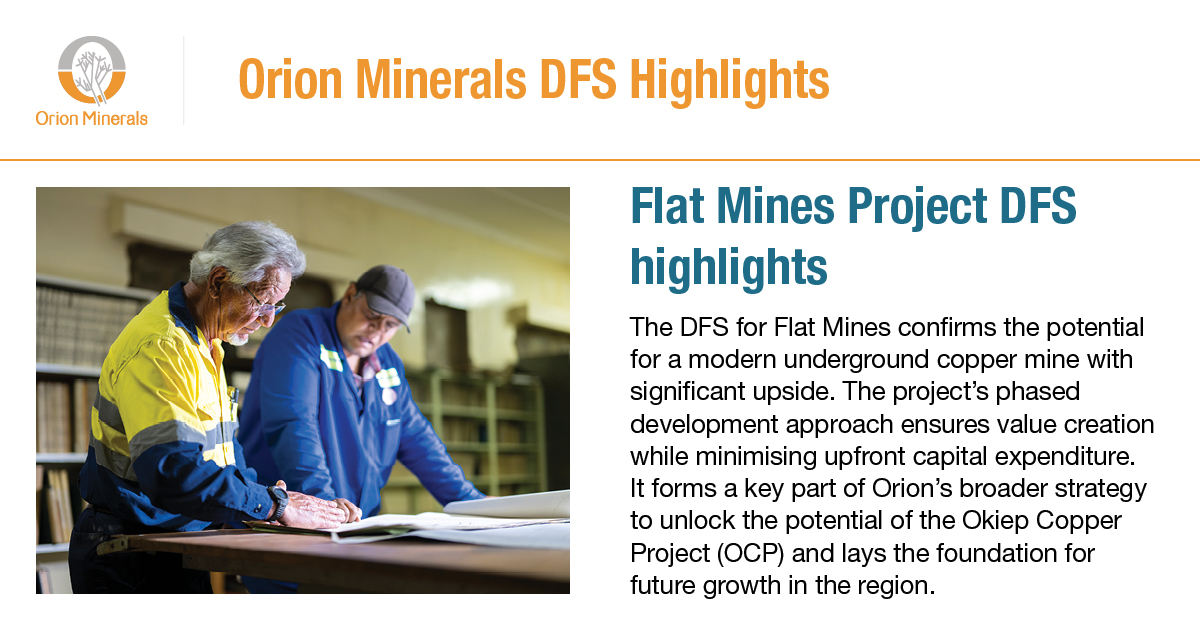 Orion Minerals announces the completion of the Definitive Feasibility Study (DFS) for the Flat Mines Project, part of the Okiep Copper Project, in South Africa’s Northern Cape.

Learn more: orionminerals.com.au/download/orion…
#OrionMinerals #FlatMines #FeasibilityStudy