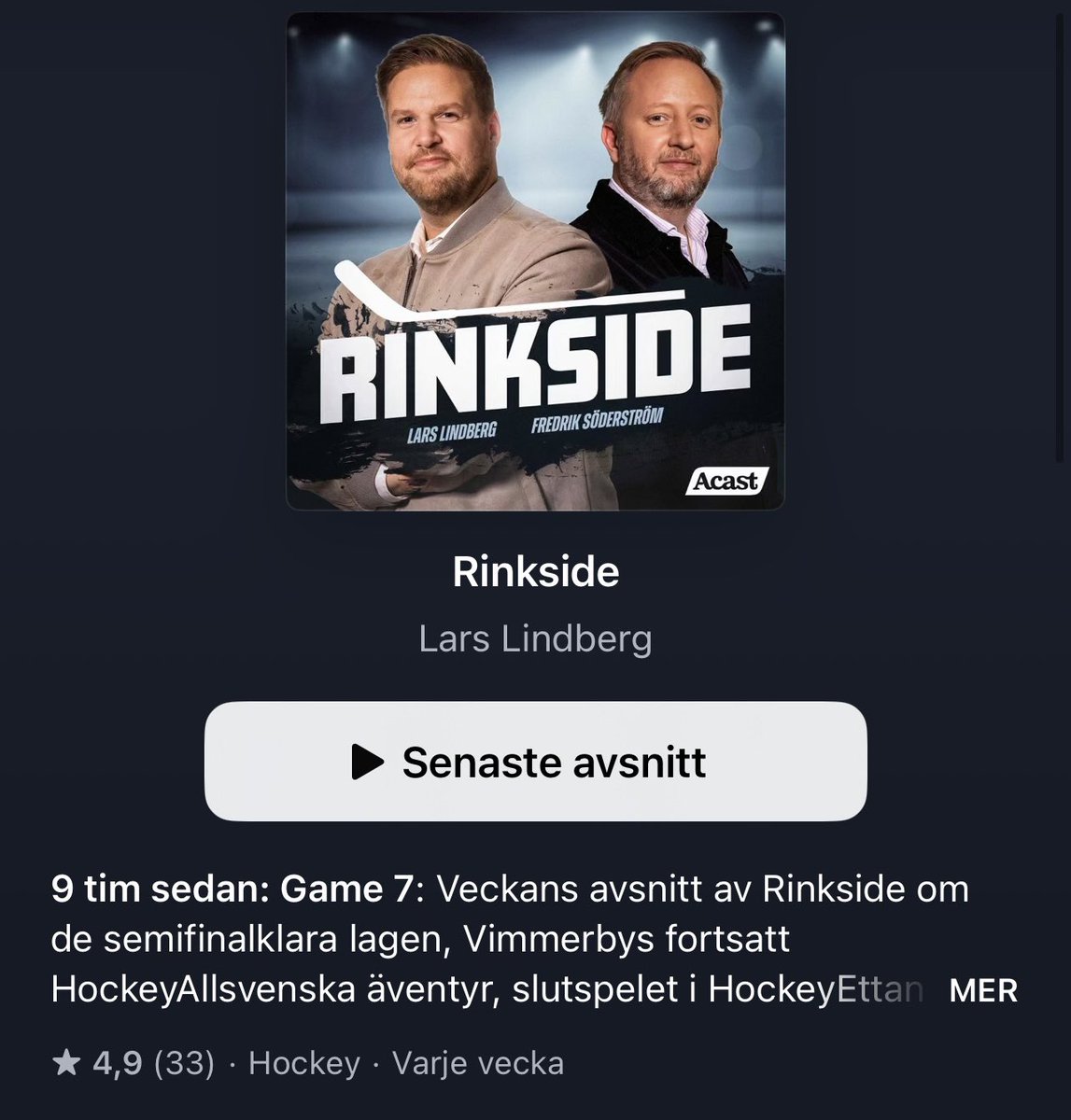 Mitt i allt resande och all underhållande slutspelshockey, hittade vi tid för podd!

Rinkside, med murrigt snack om lagen som spelat klart, en sjunde avgörande i Umeå, semifinaler som väntar, det omtalade körkortet och allmänt ljuvliga tider.

God lyssning och trevlig helg på er!