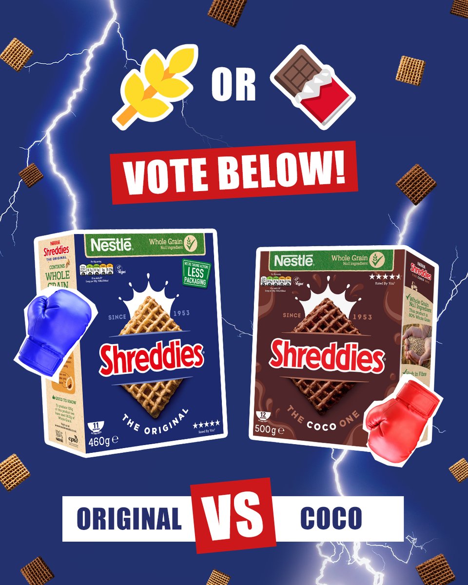 CEREAL SHOWDOWN 🥊🥣 

It’s the battle of the breakfast bowl...

🌾 Original Shreddies vs 🍫 Coco Shreddies

Cast your votes below! 👇

#ShreddieForAnything #Breakfast