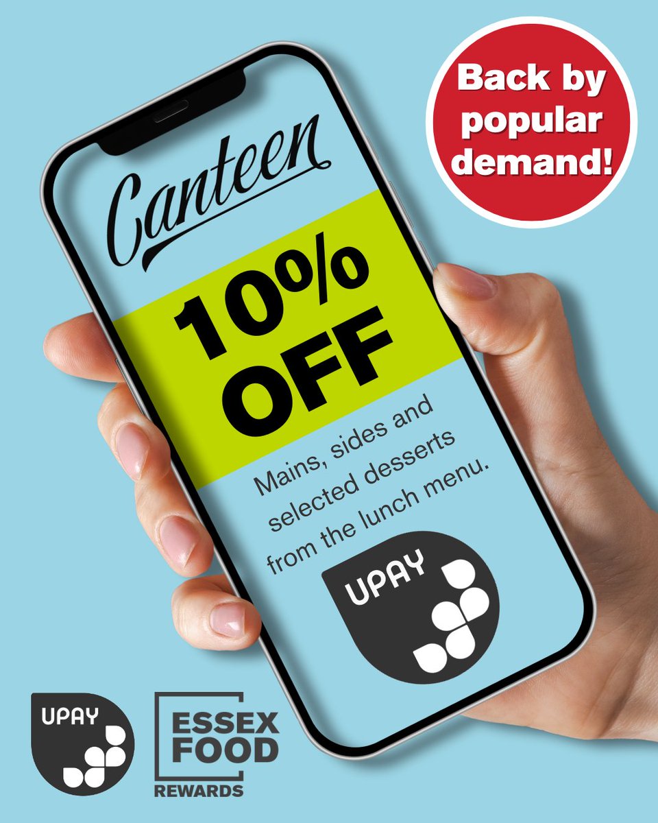 ❗️Back by popular demand❗

G️et 10% off Canteen lunch mains, sides, and selected desserts when you scan your Upay app at the till. Offer starts Monday 31 March 2025.

👉 To download the Upay app, discover sample menus and check opening times visit bit.ly/getupayx