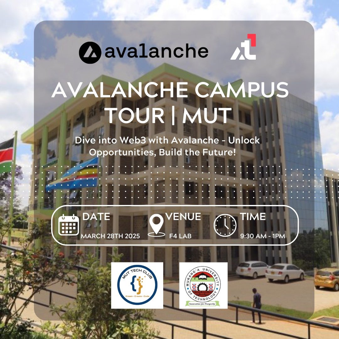 Team 1 Africa 🔺️🌍 (@avaxafrica) on Twitter photo 🔺Join <a href="/AvaxTeam1/">Avalanche Team1</a> 🇰🇪today at <a href="/MurangaUni/">Murang'a University of Technology</a> for a technical workshop with Computer Science students! Explore the <a href="/avax/">Avalanche🔺</a> ecosystem, get hands-on experience with the Avalanche Starter Kit, and onboard into the Builders Hub.
RSVP Now⤵️
lu.ma/pueap2iv 🔺Join <a href="/AvaxTeam1/">Avalanche Team1</a> 🇰🇪today at <a href="/MurangaUni/">Murang'a University of Technology</a> for a technical workshop with Computer Science students! Explore the <a href="/avax/">Avalanche🔺</a> ecosystem, get hands-on experience with the Avalanche Starter Kit, and onboard into the Builders Hub.
RSVP Now⤵️
lu.ma/pueap2iv