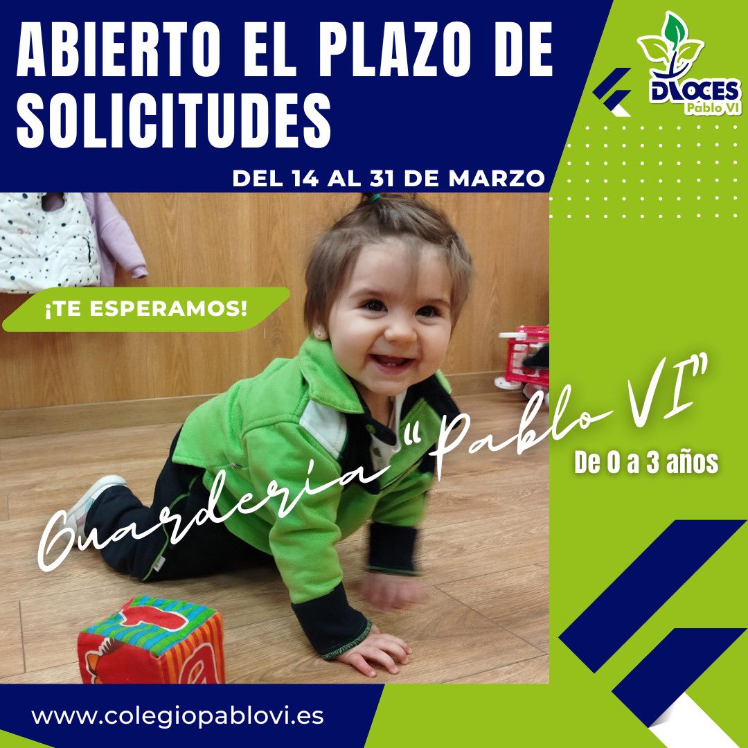 Colegio_PabloVI's tweet photo. Tienes HOY y EL LUNES para FORMALIZAR LA SOLICITU DE PLAZA para que tu hijo venga al @Colegio_PabloVI el próximo curso. 

Vivirá en un entorno seguro, afectivo y estimulante porque nuestra Guardería es el lugar perfecto. 💚👶
🔗 Más información en 👉 https://t.co/VIa7r7M2ec https://t.co/NzFUNjeK14