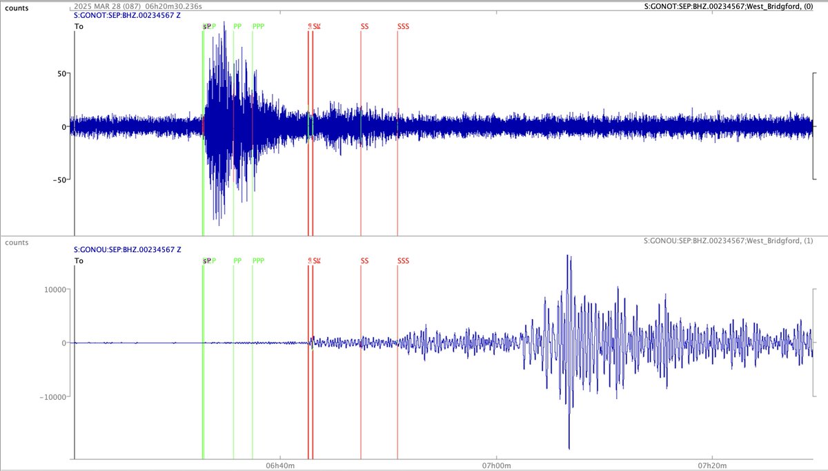 M7.7 earthquake, Myanmar, at 06.20 UTC on 28 March 2025. Recorded in Nottingham using 'slinky' (top) and horizontal pendulum school seismometers
#earthquake ⚒️ #geology 🦕
earthquake.usgs.gov/earthquakes/ev…