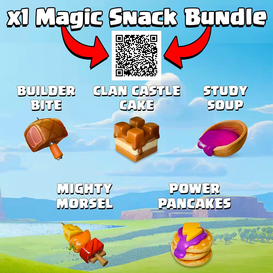 GRATUIT : 1 x Magic Snack Bundle (5 Magic Snacks au total) 🎁
Il vous suffit de scanner le QR code sur l'image ou de cliquer directement sur ce lien : link.clashofclans.com/?action=vouche…
#ClashAnytime #GiftedBySupercell
⏳ Valable pendant 1 semaine ⏳