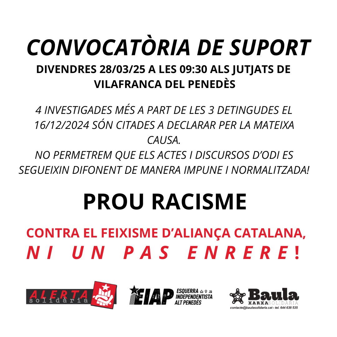 Avui som a Vilafranca en solidaritat i suport amb les companyes denunciades per Aliança Catalana. Contra el seu racisme, ens hi trobaran de cara!