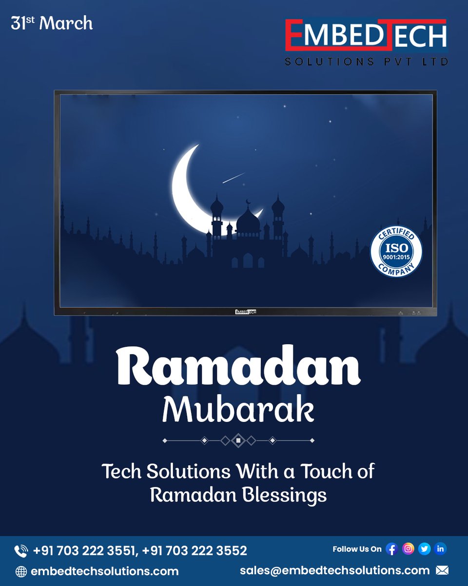 Embedtech_sol's tweet image. 🌙✨ Ramadan Mubarak from EmbedTech Solutions! ✨ This holy month is a time for reflection, growth, and new beginnings—just like technology paves the way for a smarter, more connected future. 
🌐 embedtechsolutions.com 
#EmbedTech #HappyRamadan #RamadanMubarak #Ramada2025