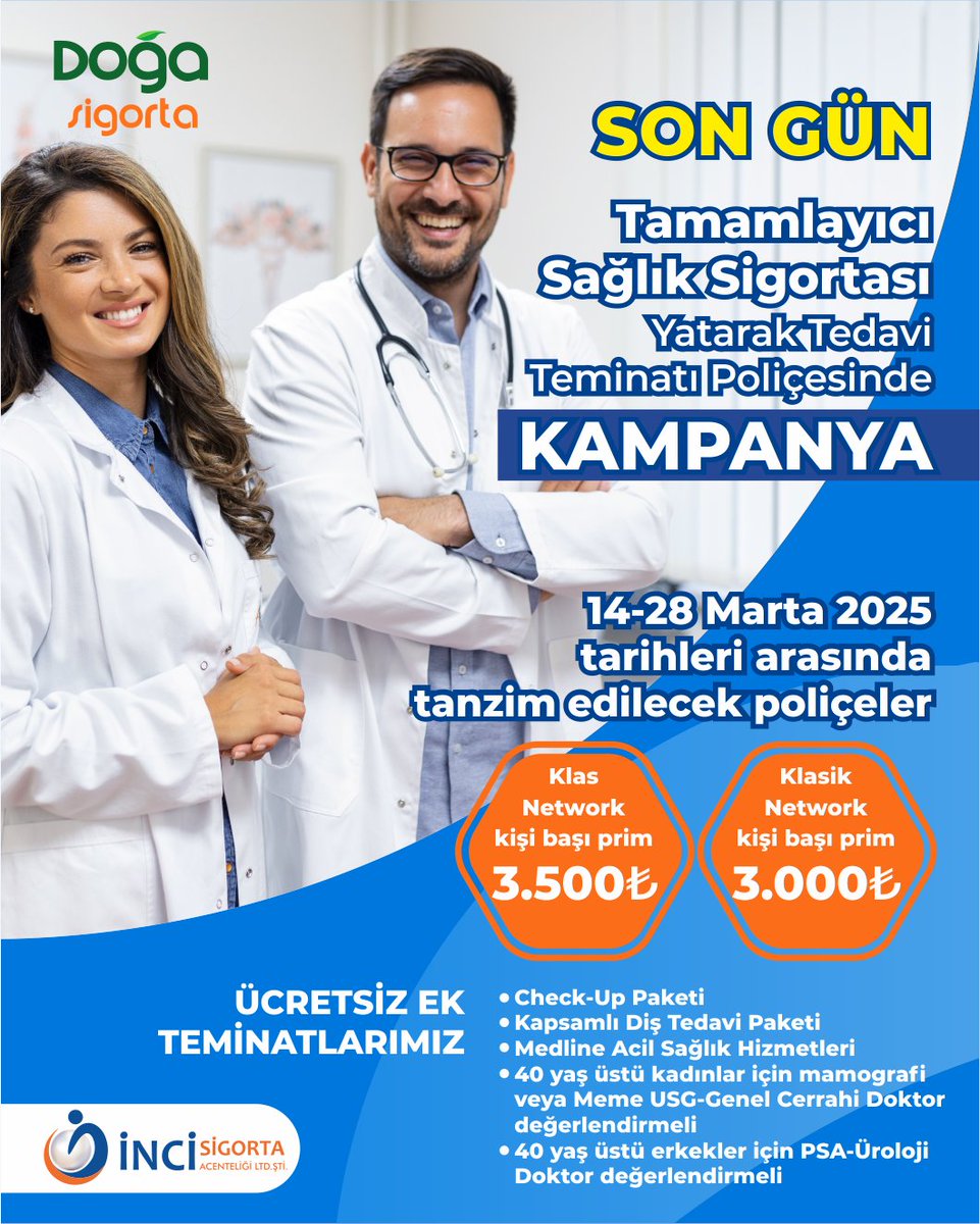 SON GÜN 📢

Tamamlayıcı Sağlık Sigortası
Yatarak Tedavi Teminatı Poliçesinde KAMPANYA

BU FIRSATI KAÇIRMAYIN
0232 425 48 13
🌍 incisigorta.com
#İnciSigorta #doktor #doğasigorta #tamamlayıcısağlık #sağlıksigortası #sağlık #hemşire #tedavi #muayene #kanser #acil #checkup