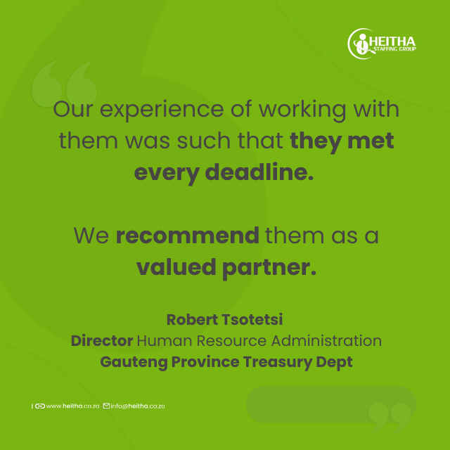 🚀 Spotlight: Gauteng Treasury &amp; Heitha Staffing!
They trusted us for Competency Assessments, Vetting &amp; Screeningensfor  top talent , new hires &amp; promotions.

Need expert hiring? We got you!
📩 heitha.co.za | 💬 064 543 2497
#HeithaStaffing #LetsGetSAWorking #TopTalent