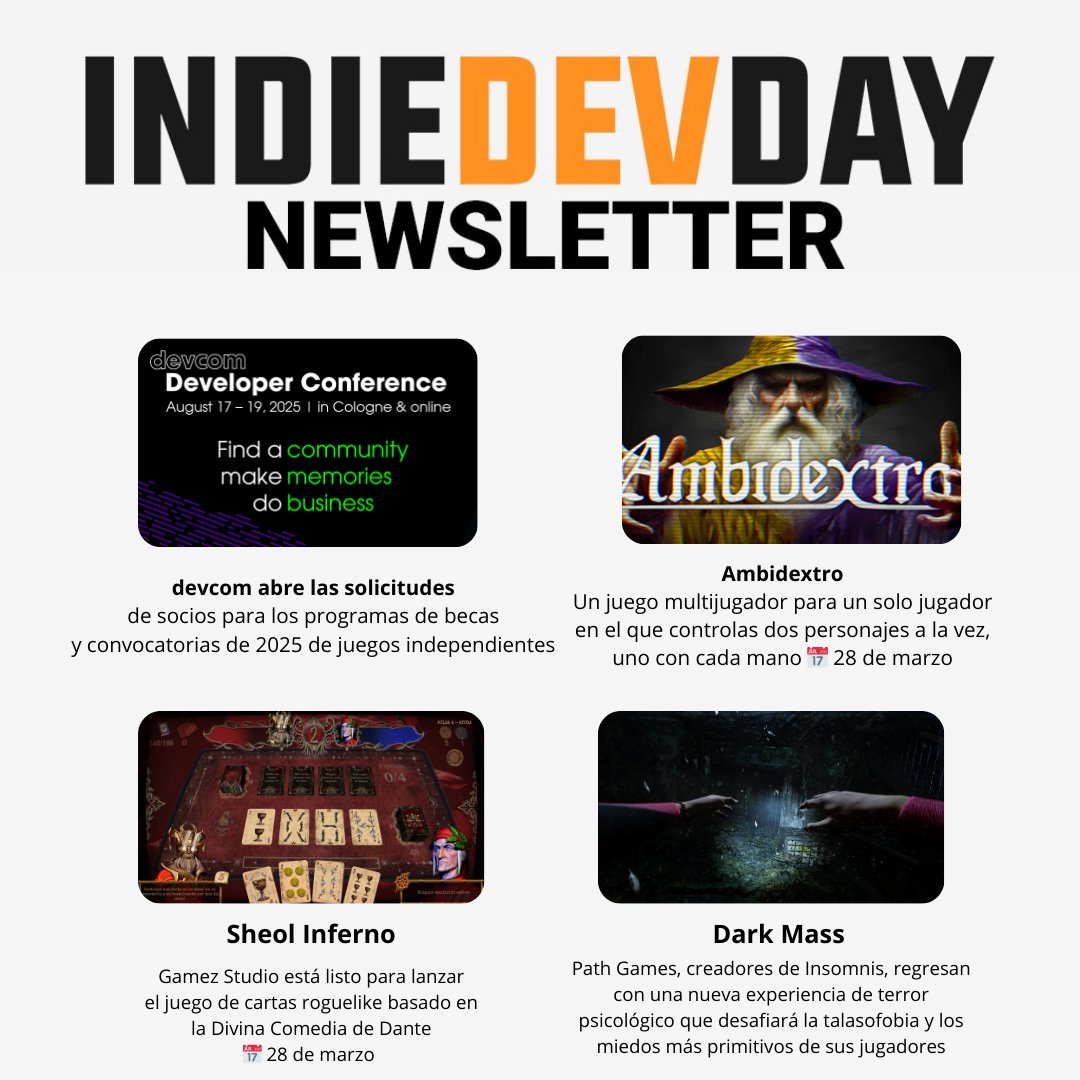 IndieDevDay (@indiedevday) on Twitter photo 📰 Newsletter 54 📰
1️⃣ <a href="/devcom_global/">devcom - developer community</a> #ddc2025 🚀
2️⃣ Ambidextro <a href="/majorariatto/">Majorariatto</a> 🧙♂️
3️⃣ Sheol Inferno <a href="/_gamezstudio/">GameZ Studio</a> 🎮🔥
4️⃣ Dark Mass <a href="/Path_Games/">Path Games</a> 🎮🌊
Suscríbete en 🔗 eepurl.com/dJJ8u2 📰 Newsletter 54 📰
1️⃣ <a href="/devcom_global/">devcom - developer community</a> #ddc2025 🚀
2️⃣ Ambidextro <a href="/majorariatto/">Majorariatto</a> 🧙♂️
3️⃣ Sheol Inferno <a href="/_gamezstudio/">GameZ Studio</a> 🎮🔥
4️⃣ Dark Mass <a href="/Path_Games/">Path Games</a> 🎮🌊
Suscríbete en 🔗 eepurl.com/dJJ8u2