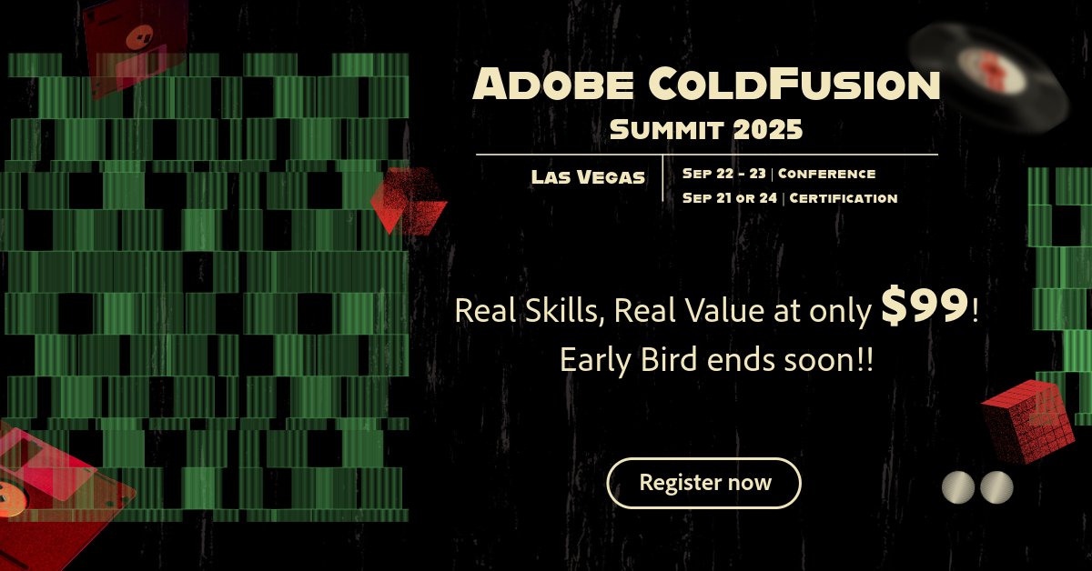 Early Bird pricing for #CFSummit2025 is live! Register now for just $99 and save over $100. Offer ends soon—don’t wait. Join the ColdFusion community in Vegas, snag real-world code, and hack with the pros.
Register now: bit.ly/414pLF6

#coldfusion #WebDevelopment #Tech