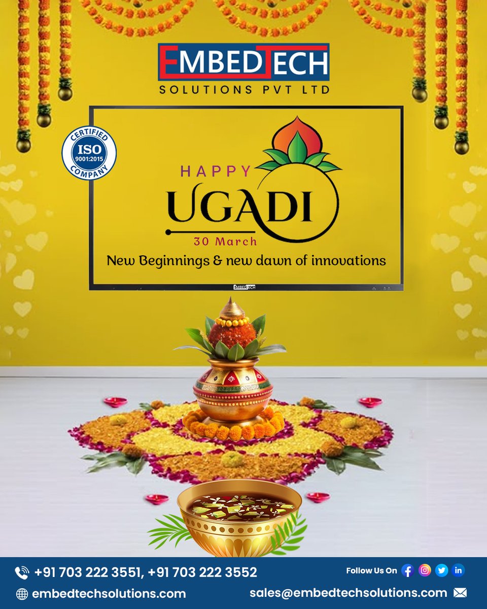 Embedtech_sol's tweet image. Ugadi Wishes From EmbedTech Solutions! As we step into a new year, let’s embrace new beginnings, fresh ideas, and a new dawn of innovations! 
🌐 embedtechsolutions.com 
#EmbedTech #HappyUgadi #Ugadi2025 #UgadiWishes #UgadiCelebrations #FestiveVibes #InteractiveFlaPanelDisplay