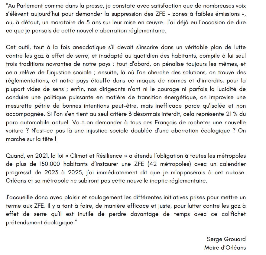 SergeGrouard's tweet photo. Au Parlement comme dans la presse, je salue les initiatives demandant la suppression des #ZFE. Dès son adoption, je m'étais opposé à cette ineptie réglementaire et à cette injustice sociale. Il y a pourtant tant à faire pour réaliser cette transition énergétique indispensable. ⤵️ https://t.co/jWd8P81rqP