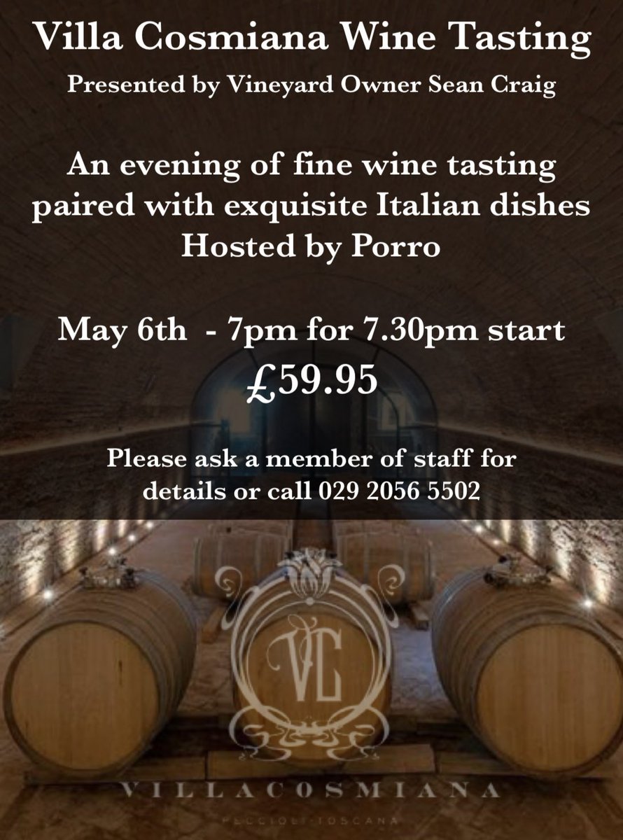 Our wine tasting experience will take you through a variety of exceptional wines, guided by vineyard owner Sean Craig. 
📅 6th May 
📍 Porro, Llandaff 
Spaces are limited, so get in touch to book your spot. Call 02920565502 or DM us to reserve your place. 🍷