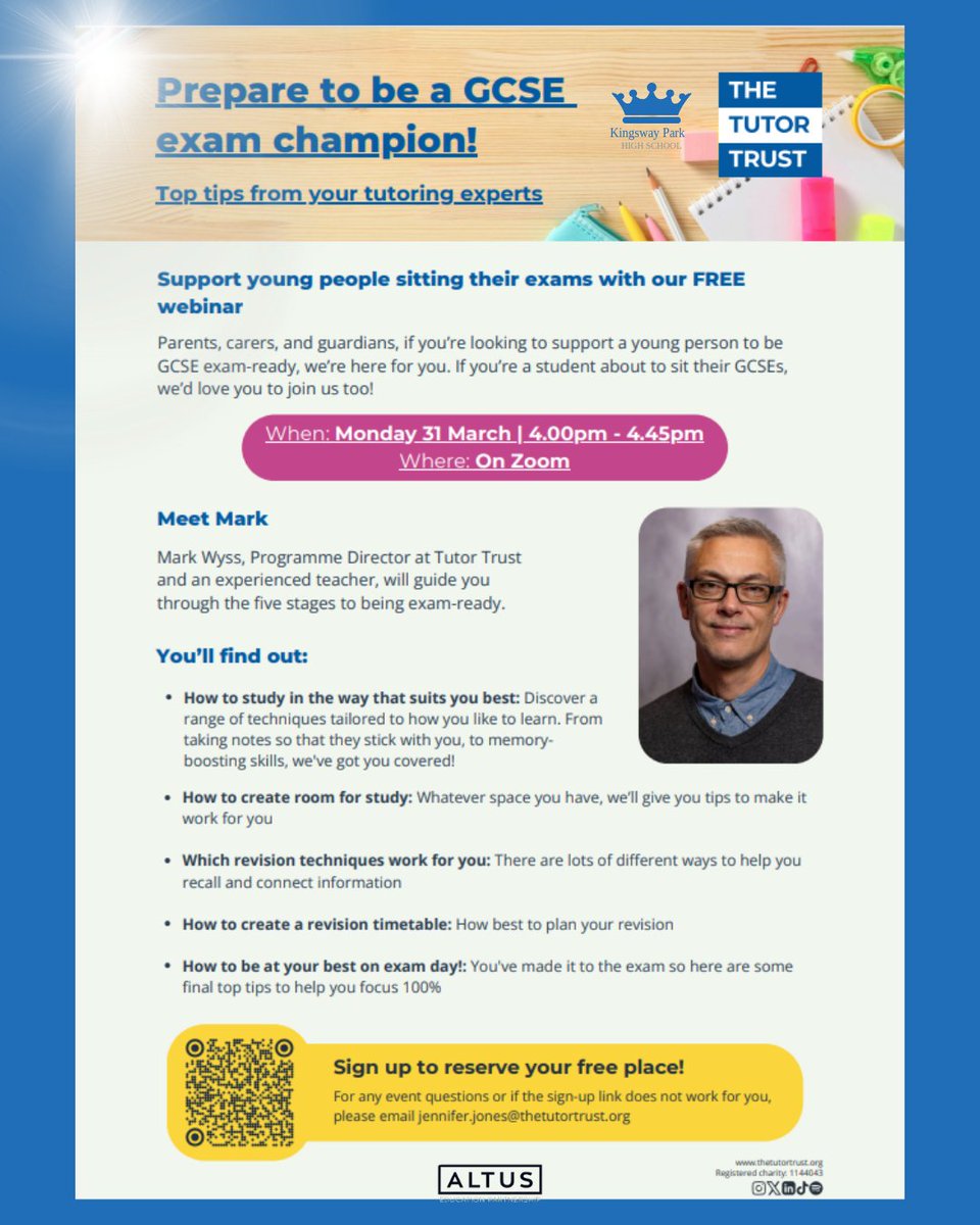 📢 Parents &amp; Carers of Year 11! 🎓

Want to help your Child/ren navigate their GCSEs with confidence? Join our FREE webinar for top tips on supporting them through this crucial time! 📚✨

📅 Check out full details via the QR code or on our website! 💻✅

#GCSESupport #ParentTips