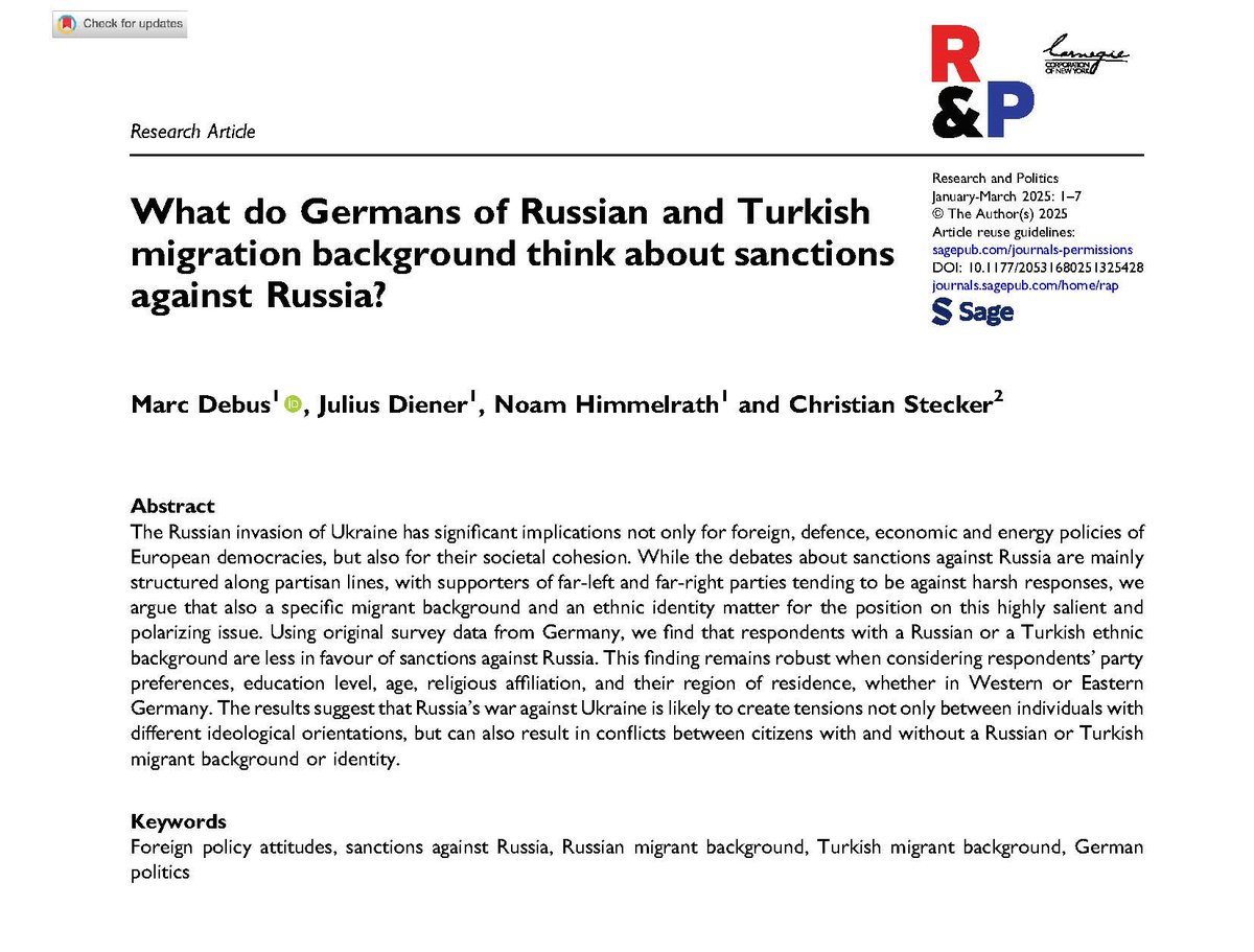 DebusMarc's tweet image. In a contribution to @Res_Pol with Noam Himmelrath, Julius Diener and @pluggedchris, we show that Germans with a Russian or a Turkish background are less in favour of sanctions against Russia. @DezimInstitut
journals.sagepub.com/doi/10.1177/20…