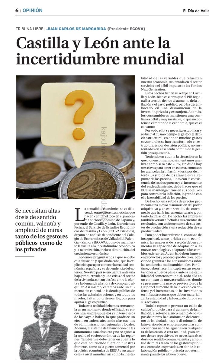 Ante la incertidumbre mundial, escribo esta tribuna de opinión en <a href="/DiadeValladolid/">El Día de Valladolid</a> y las cabeceras del Grupo Promecal sobre la situación de Castilla y León y las variables analizada por <a href="/EcovaEstudios/">ECOVAEstudios</a>.

👇👇👇