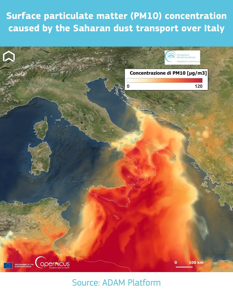 CopernicusECMWF's tweet image. 3 charts based on #CopernicusAtmosphere data you shouldn’t miss this month:
📉 Very low total ozone over the Arctic through Jan-March – CAMS
📉 Surface PM concentration caused by the #Saharandust over Italy – @PlatformAdam 
📉 Dust concentration forecast for Greece – @atmohub