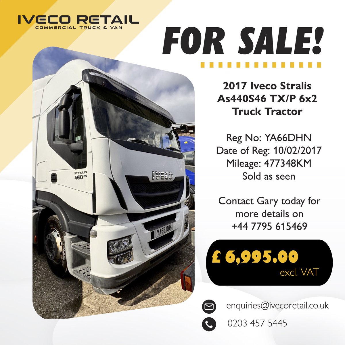 🚛 FOR SALE! 🚛

Looking for a reliable truck at a great price? Check out this 2017 Iveco Stralis As440S46 TX/P 6x2 Truck Tractor!

💰 ONLY £6,995.00 (excl. VAT)

📞 Contact Gary today for more details:
📲 +44 7795 615469
📧 enquiries@ivecoretail.co.uk

#IvecoStralis #IvecoRetail