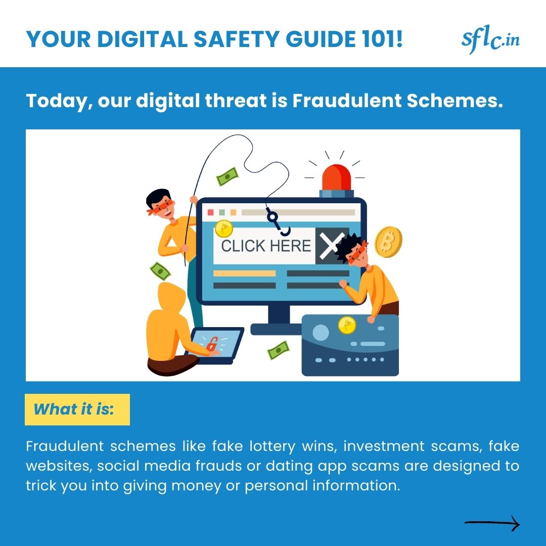 SFLCin's tweet image. Your Digital Safety Guide 101!

Today, our digital threat is Fraudulent Schemes.

Fraudulent schemes like fake lottery wins, investment scams, fake websites, social media frauds or dating app scams are designed to trick you into giving money or personal information.

Tips to save…