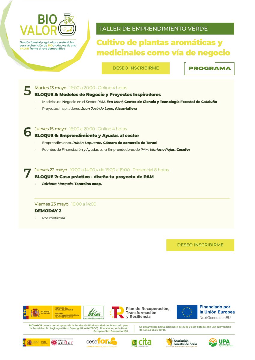 CITAAragon's tweet photo. 🆕¡No te pierdas este nuevo taller de #emprendimiento verde!
Cultivo de plantas #aromáticas y #medicinales como vía de negocio, en el marco del proyecto #BIOVALOR 🌿
📅 Comienza el 24 de abril
📍 CITA Teruel
💻 Online y presencial
✍️ Inscripciones aquí: https://t.co/43Mx21xlR0 https://t.co/Y6PjUJDC3V