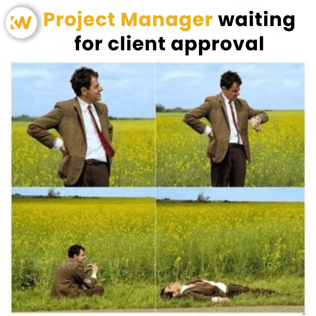 Knowlettwoods's tweet image. 😂 &quot;Project Manager waiting for client approval&quot; – A scene all PMs know too well! The never-ending wait for that final green light can feel like watching grass grow.  #ProjectManager #ClientApproval #ProjectManagementHumor #WaitingGame #PMStruggles #Knowledgewoods #ProjectLife
