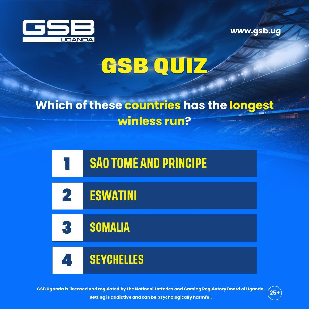 GSB_Uganda's tweet image. 𝐆𝐒𝐁 𝐐𝐔𝐈𝐙:
Which of these countries has the longest winless run?
Over 30 winners will each win 5,000 UGX in Free Bets. Share, Like, Tag Two, and Comment with your GSB ID. The winners will be announced on Wednesday, 2nd.

#GSBUganda | #SportsBetting | #GSBQuiz